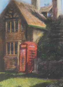 Mike Helmy (20thC). Telephone box in front of house, pastel, signed and dated 19(95), 56cm x 40cm.
