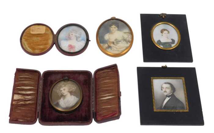 Five 19thC School miniatures, comprising After Sir Thomas Lawrence. Lady Blessington, profile,...