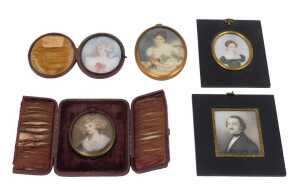 Five 19thC School miniatures, comprising After Sir Thomas Lawrence. Lady Blessington, profile,...
