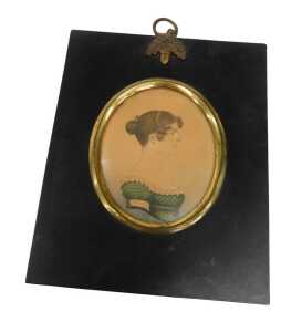 19thC School. Portrait of a lady wearing green facing sinister, watercolour on paper, 8cm x 6cm,...