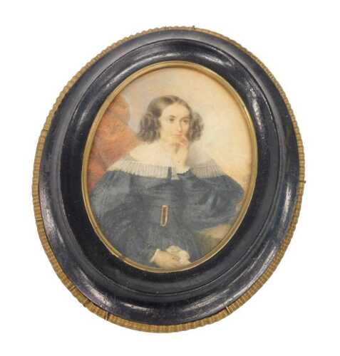 19thC School. Figure of a lady with hand to chin, watercolour, probably on ivory, unsigned, 12cm...