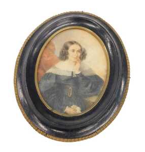 19thC School. Figure of a lady with hand to chin, watercolour, probably on ivory, unsigned, 12cm...