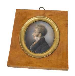 19thC School. Portrait of a gentleman in overcoat with medals facing dexter, gouache on ivory,...