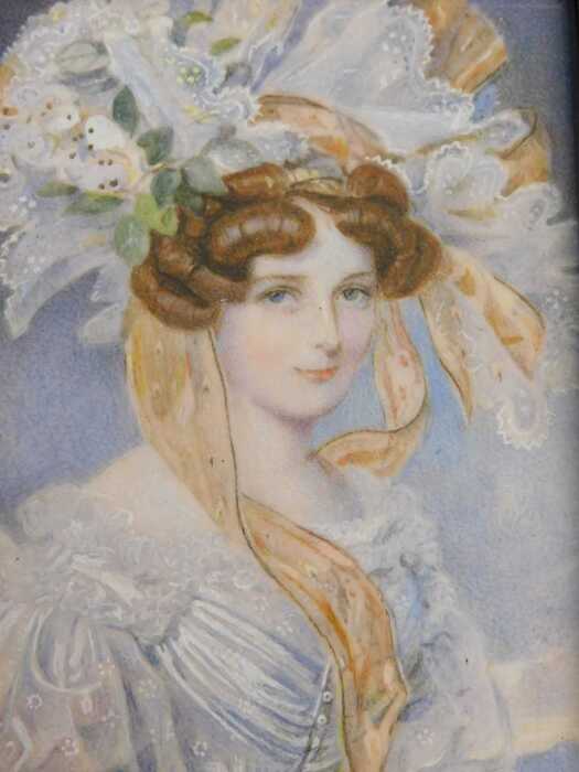 19thC School. Portrait miniature of a lady wearing finery to her hair in flowing robes, quarter...