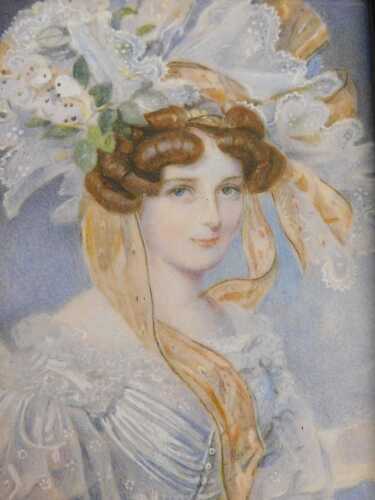 19thC School. Portrait miniature of a lady wearing finery to her hair in flowing robes, quarter...