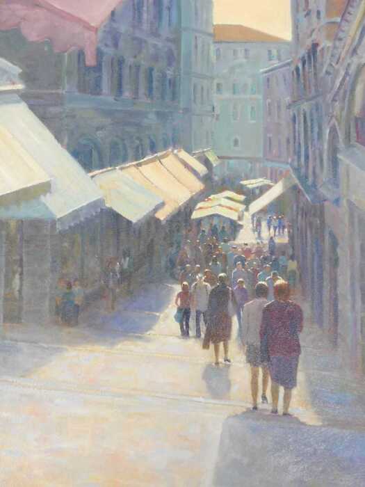 Ian Layton (b.1953). Rail to steps Venice, oil on canvas, signed and titled verso, 49cm x 39cm.