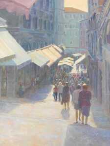 Ian Layton (b.1953). Rail to steps Venice, oil on canvas, signed and titled verso, 49cm x 39cm.