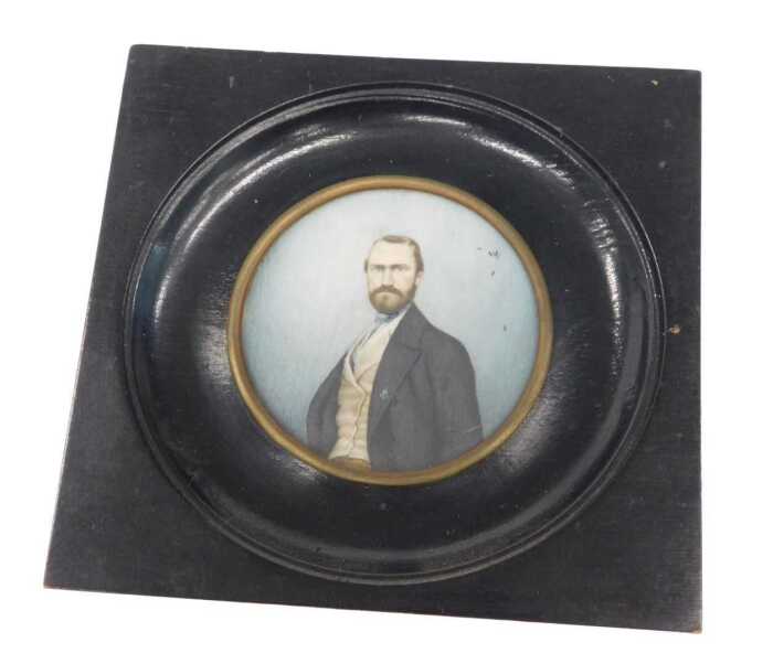 19thC English School. Portrait miniature of a gentleman half profile, gouache on ivory, unsigned,...