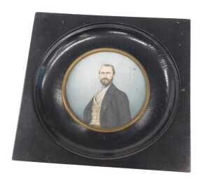 19thC English School. Portrait miniature of a gentleman half profile, gouache on ivory, unsigned,...