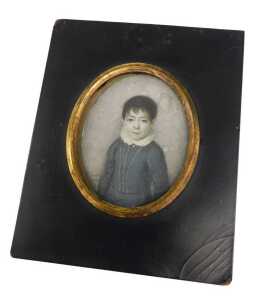 19thC School. Figure of a child wearing ruff half profile, gouache on ivory, unsigned, 7cm x 6cm,...