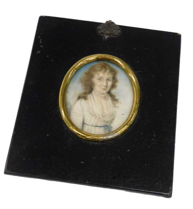 19thC English School. Figure of a lady wearing white dress and pearl necklace, half profile,...