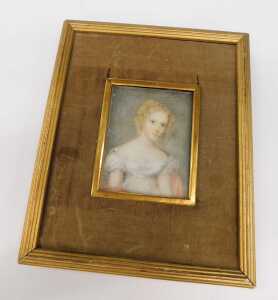 19thC English School. Girl half profile wearing white dress, gouache on ivory, unsigned, 9cm x... - 2