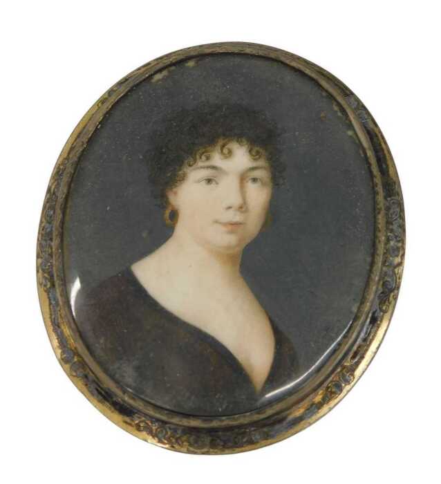 19thC English School. Portrait miniature of a lady, quarter profile, gouache on ivory, unsigned,...