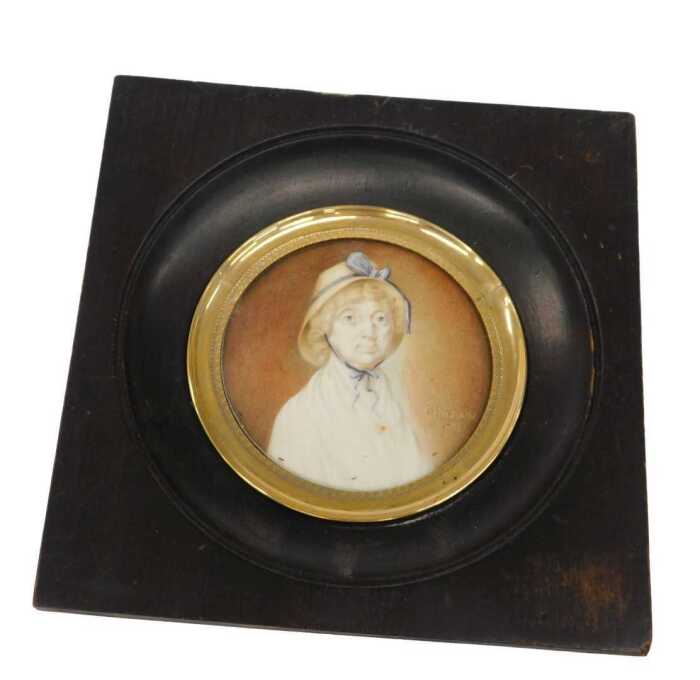 Chasons. Portrait miniature of a lady, quarter profile, gouache on ivory, bearing date 1802, 7cm...