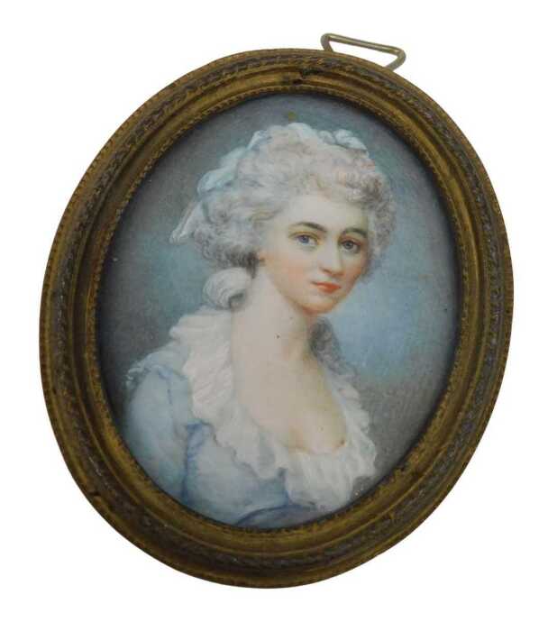 19thC English School. Portrait miniature of a lady, quarter profile, gouache on ivory, unsigned,...
