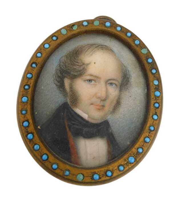 19thC English School. Portrait of a gentleman, quarter profile, gouache on ivory, unsigned, 5cm...