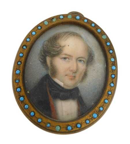 19thC English School. Portrait of a gentleman, quarter profile, gouache on ivory, unsigned, 5cm...