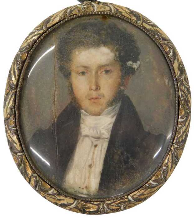 19thC School. Portrait of a gentleman wearing jacket, quarter profile, gouache on ivory,...