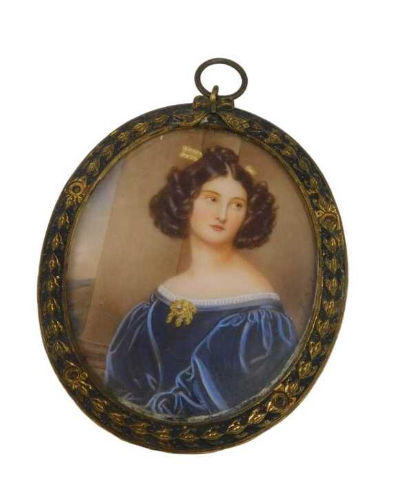 Early 20thC Continental School. Figure of a lady wearing blue dress, portrait miniature, gouache...