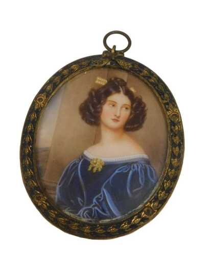 Early 20thC Continental School. Figure of a lady wearing blue dress, portrait miniature, gouache...