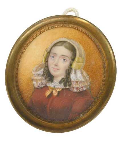 19thC English School. Portrait miniature of a lady wearing bonnet, quarter profile, gouache on...