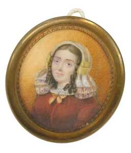 19thC English School. Portrait miniature of a lady wearing bonnet, quarter profile, gouache on...