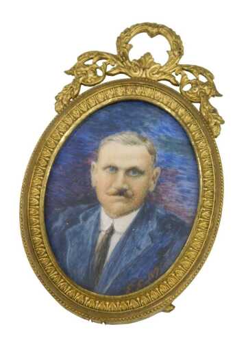 EEM (19thC). Portrait of a gentleman wearing suit, quarter profile, gouache on ivory, 5cm x 4cm,...