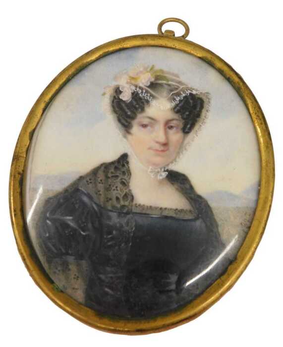 19thC English School. Portrait miniature of a lady wearing bonnet and black dress, gouache on...