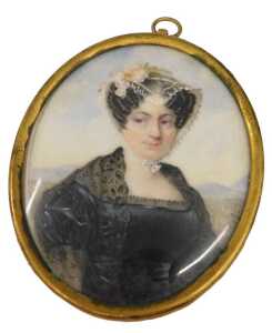 19thC English School. Portrait miniature of a lady wearing bonnet and black dress, gouache on...