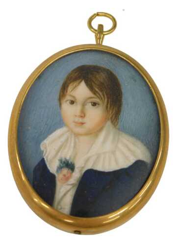 19thC English School. Portrait miniature of a child, quarter profile, gouache on ivory, unsigned,...