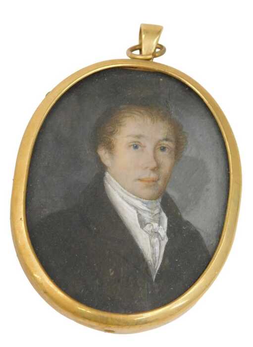 19thC English School. Portrait of a gentleman, quarter profile, wearing jacket, gouache on ivory,...