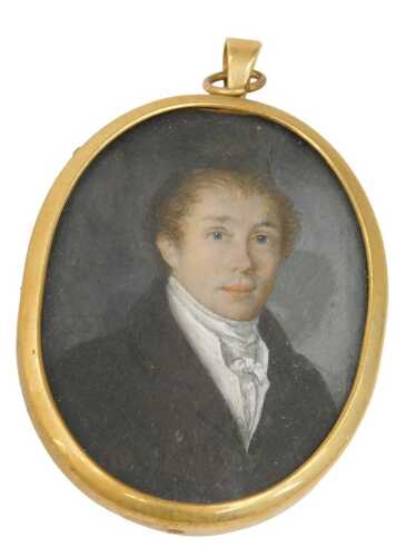 19thC English School. Portrait of a gentleman, quarter profile, wearing jacket, gouache on ivory,...