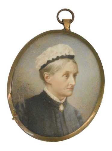 19thC English School. Portrait of a lady wearing mourning dress facing sinister, quarter profile,...