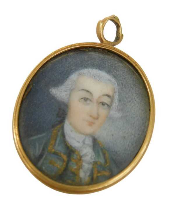 19thC English School. Portrait miniature of a Regency gentleman wearing wig, quarter profile,...