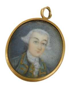 19thC English School. Portrait miniature of a Regency gentleman wearing wig, quarter profile,...