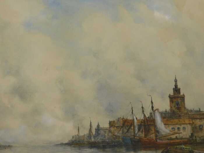 Hermanus II Koekkoek (1836-1909). European river landscape, boat on calm waters before boats...