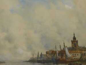 Hermanus II Koekkoek (1836-1909). European river landscape, boat on calm waters before boats...