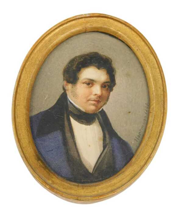 Hartman (19thC). Portrait miniature of a gentleman, quarter profile, wearing jacket, gouache on...