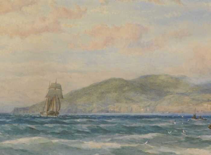 19thC School. Figures in rowing boat before ships on calm waters, mountains in the distance,...