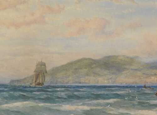 19thC School. Figures in rowing boat before ships on calm waters, mountains in the distance,...