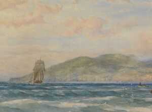 19thC School. Figures in rowing boat before ships on calm waters, mountains in the distance,...