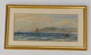 19thC School. Figures in rowing boat before ships on calm waters, mountains in the distance,... - 2