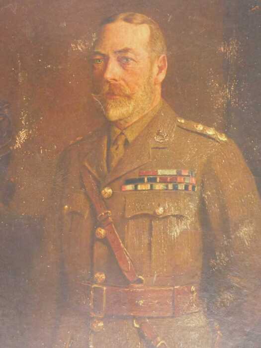After Alexander Berrie. George V portrait in military uniform, print, unsigned, 36cm x 29cm.