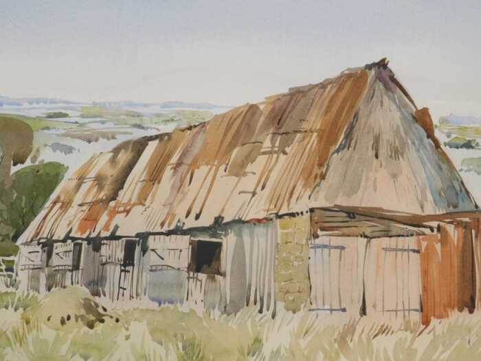 Alan Oliver (20thC). Barn, watercolour, signed and dated (19)83, The Old House Gallery label...