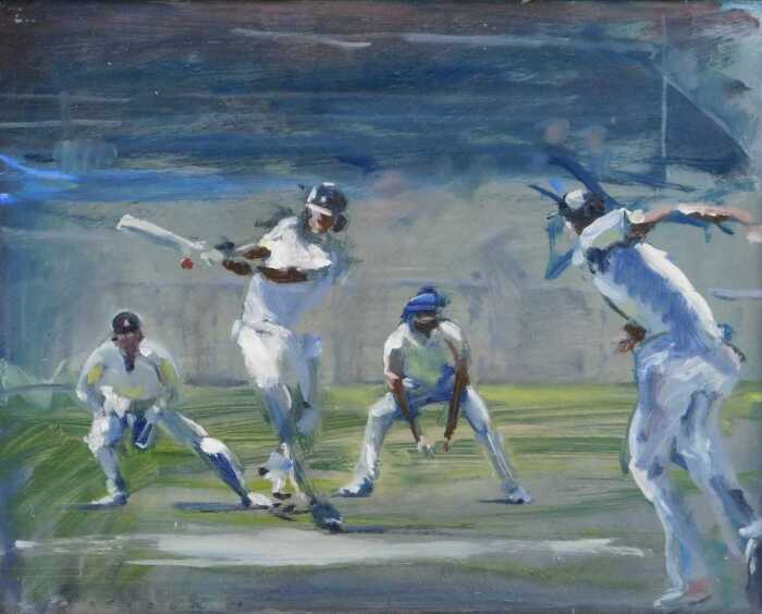 Dominic Parczuk (b.1982). Cricket Match, oil on board, signed and dated 20(16), 36cm x 45.5cm.