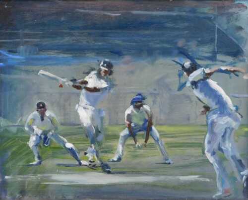 Dominic Parczuk (b.1982). Cricket Match, oil on board, signed and dated 20(16), 36cm x 45.5cm.