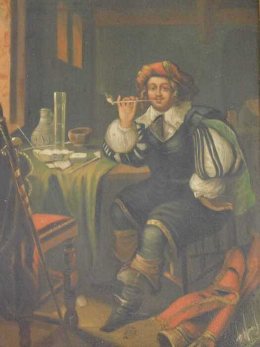 19thC Dutch School. Figure smoking clay pipe aside table, oil on tin panel, 20cm x 15cm.