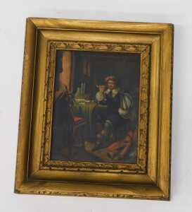 19thC Dutch School. Figure smoking clay pipe aside table, oil on tin panel, 20cm x 15cm. - 2