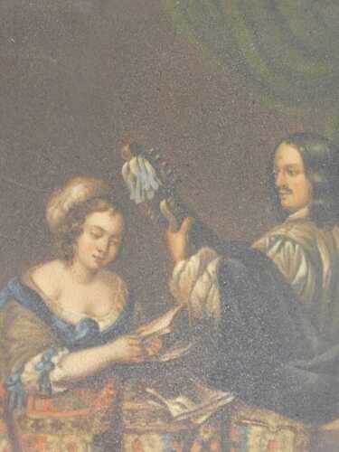 19thC Dutch School. Figure of a lady reading and gentleman playing musical instrument, oil on...
