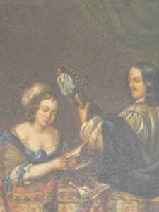 19thC Dutch School. Figure of a lady reading and gentleman playing musical instrument, oil on...
